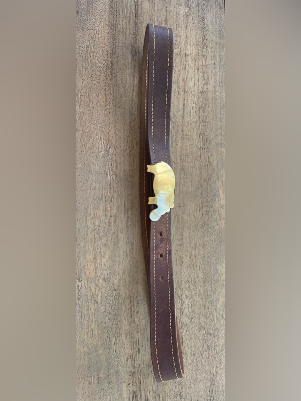 VTG Women's Brown Leather Belt with Gold Rhinoceros Buckle